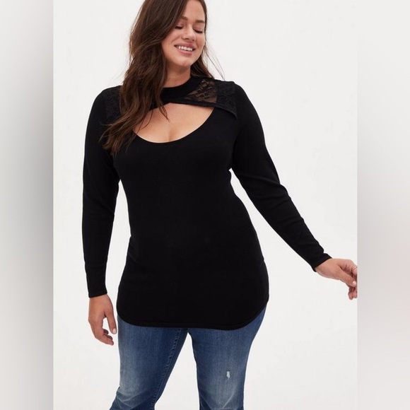 torrid Sweaters - Torrid Black Pullover Lace Trim Keyhole Cut Out Long Sleeve Sweater Women's 4X